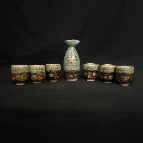 Vintage Japanese Somayaki Dbl Walled Sake Set - Pitcher & 6 Cups - Picture 1 of 7